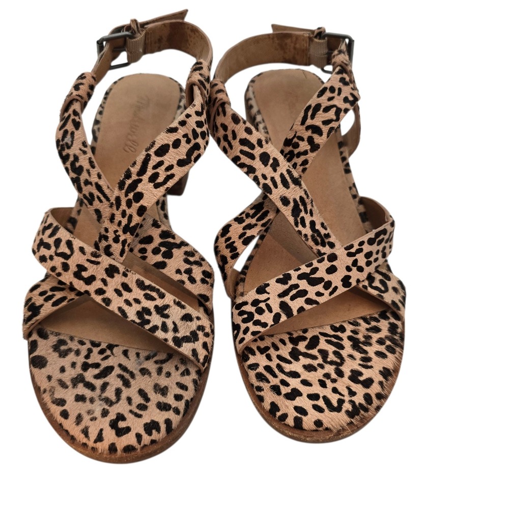 Madewell The Lori Leopard Calf Hair Sandals 7.5 Strappy‎ Block Heel Womens AH730